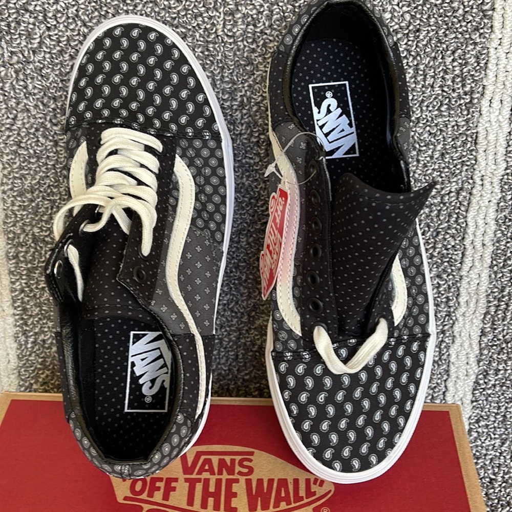 Vans Men’s Old Skool Tie Print Patchwork Black/True White Sneakers - Picture 13 of 16